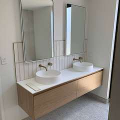 Double vanity, terrazzo floor