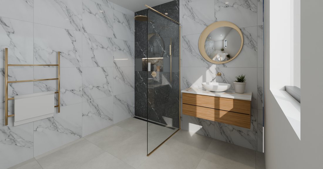 Finished bathroom with walk-in shower
